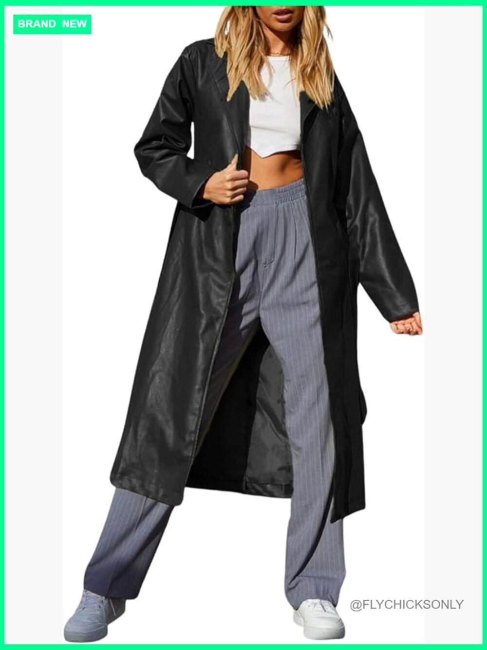 Faux Leather Trench Coat with Belt, Casual Long Sleeve Open Front